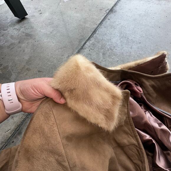 VINTAGE 1960's Suede Leather long Jacket Mink Collar - Picture 3 of 6